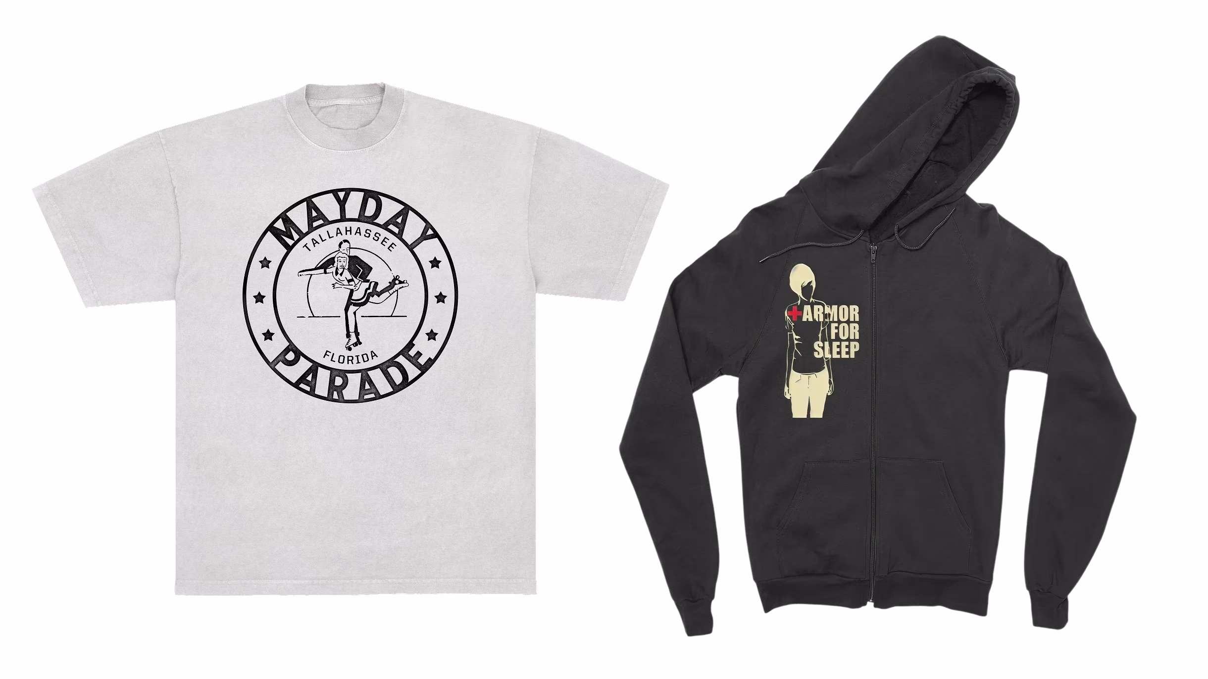 White Nevada graphic T-shirt and black zip hoodie with illustrated character