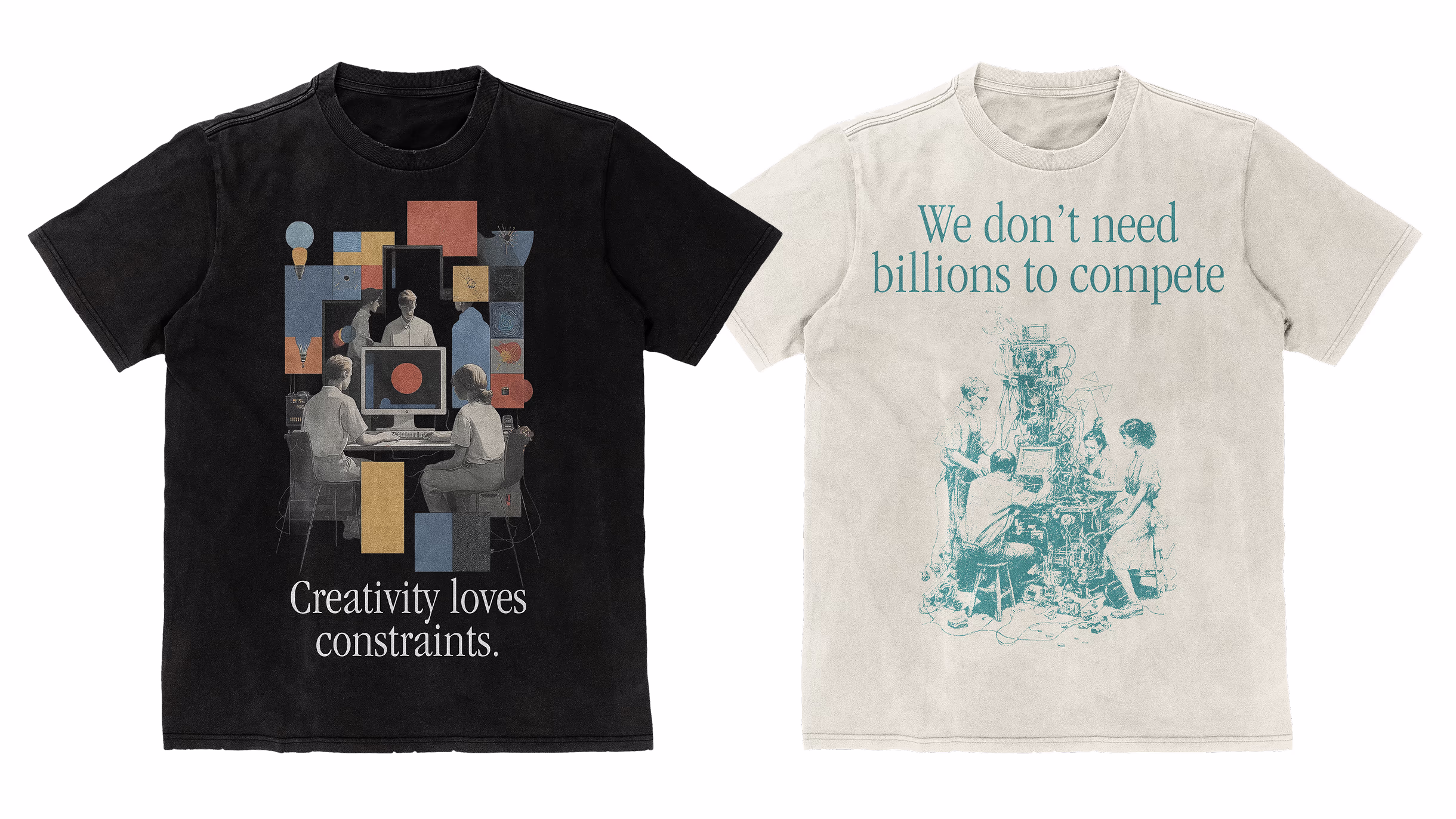 Black and cream Arcee T-shirts reading Creativity loves constraints and We don’t need billions to compete