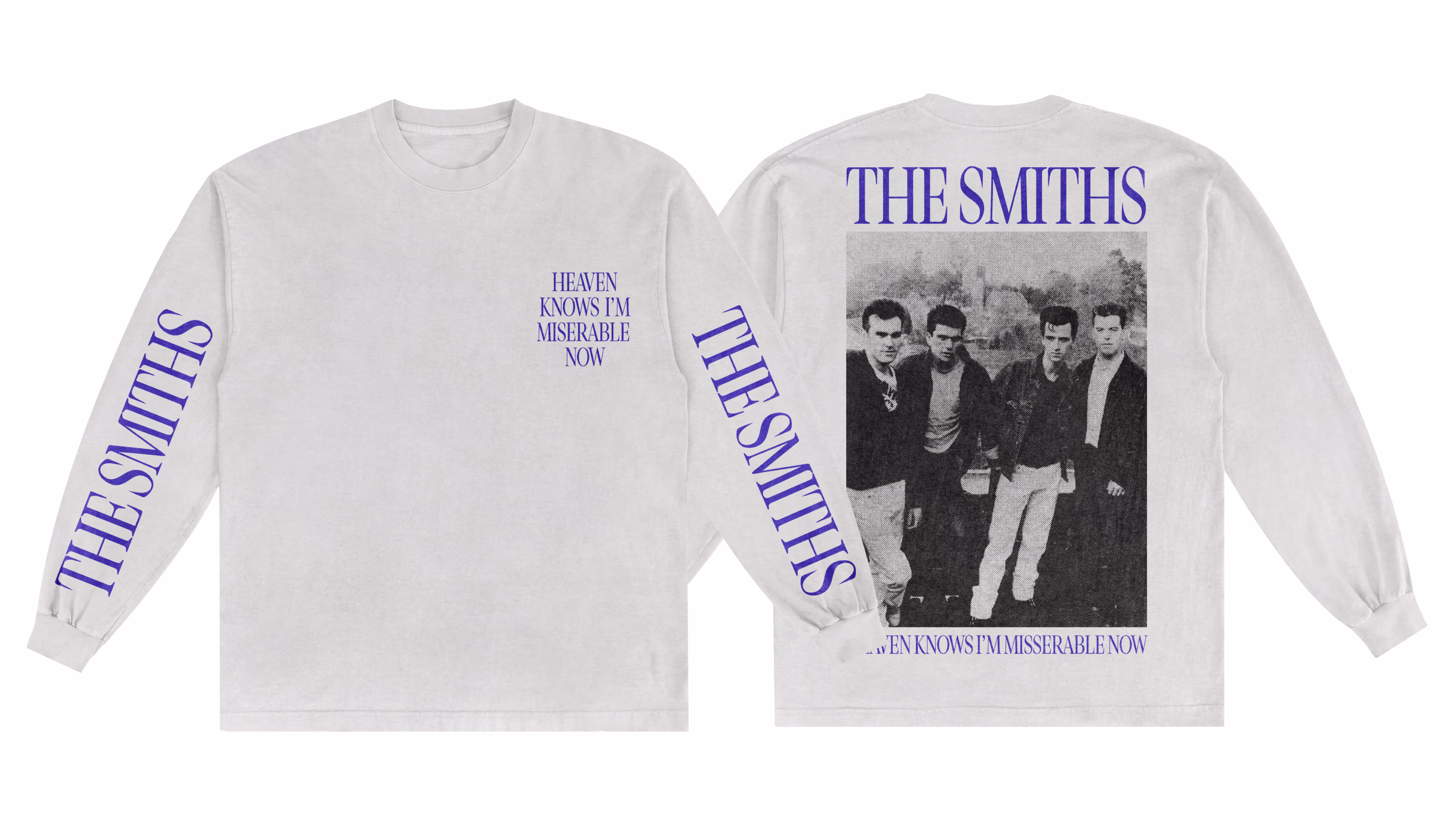 Front and back of a white long-sleeve The Smiths shirt