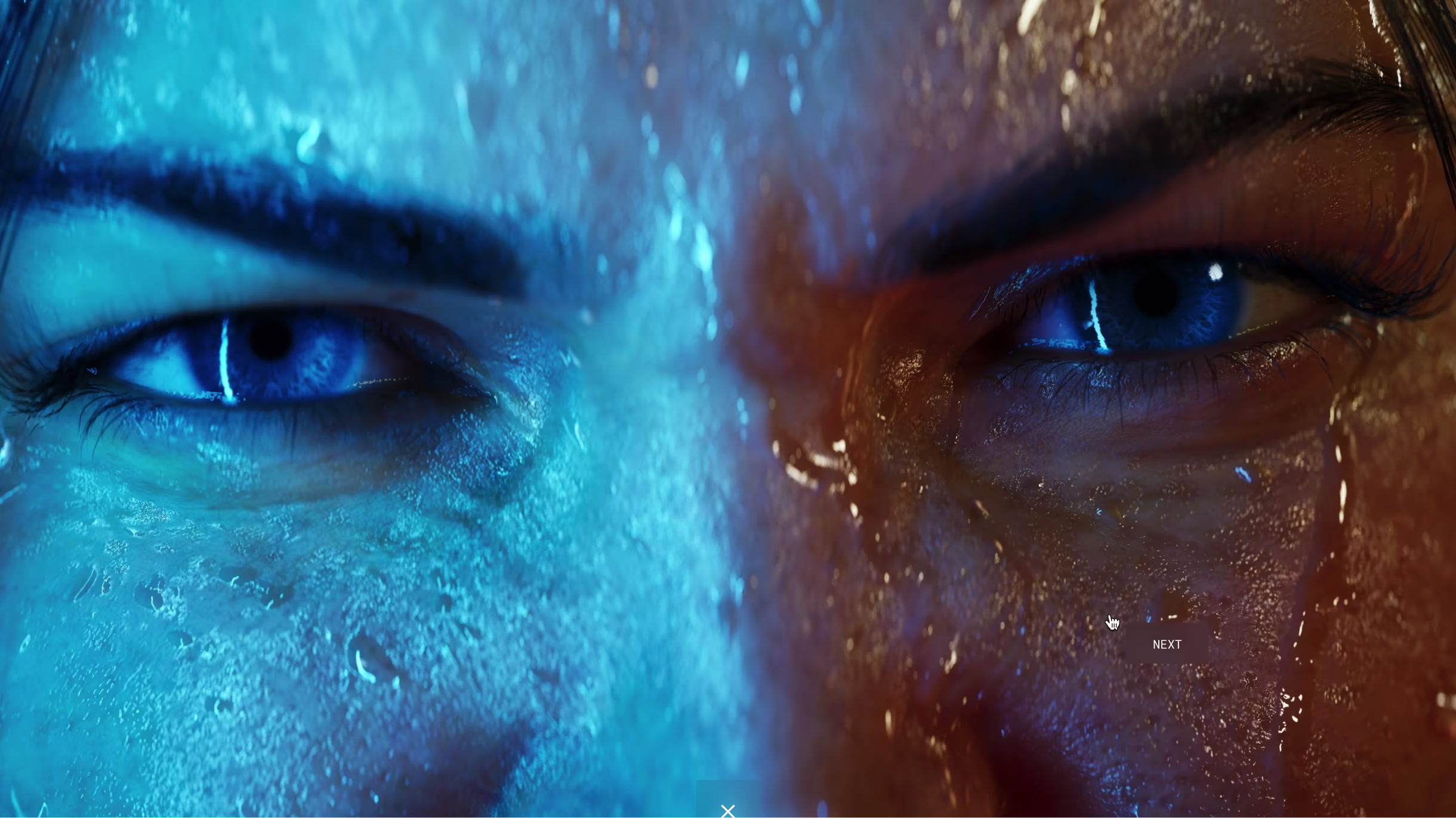 Blue-and-orange cinematic close-up of a character’s eyes