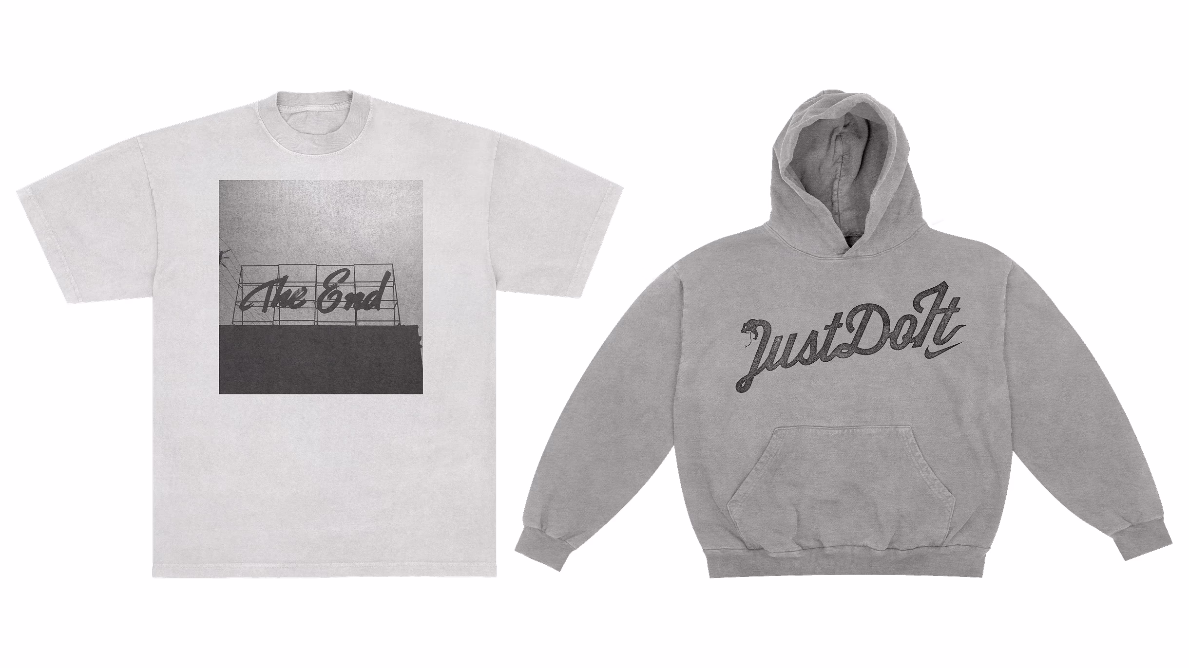 White The End T-shirt and gray Just Do It hoodie