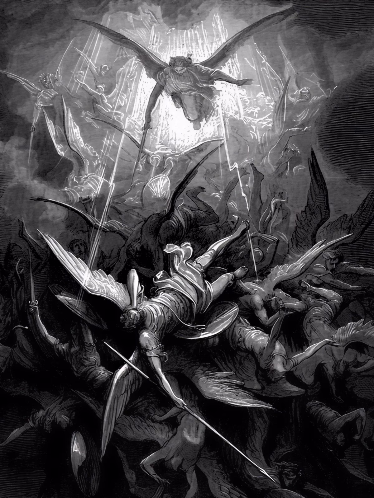 Black-and-white engraving of a dramatic winged figure and battle scene