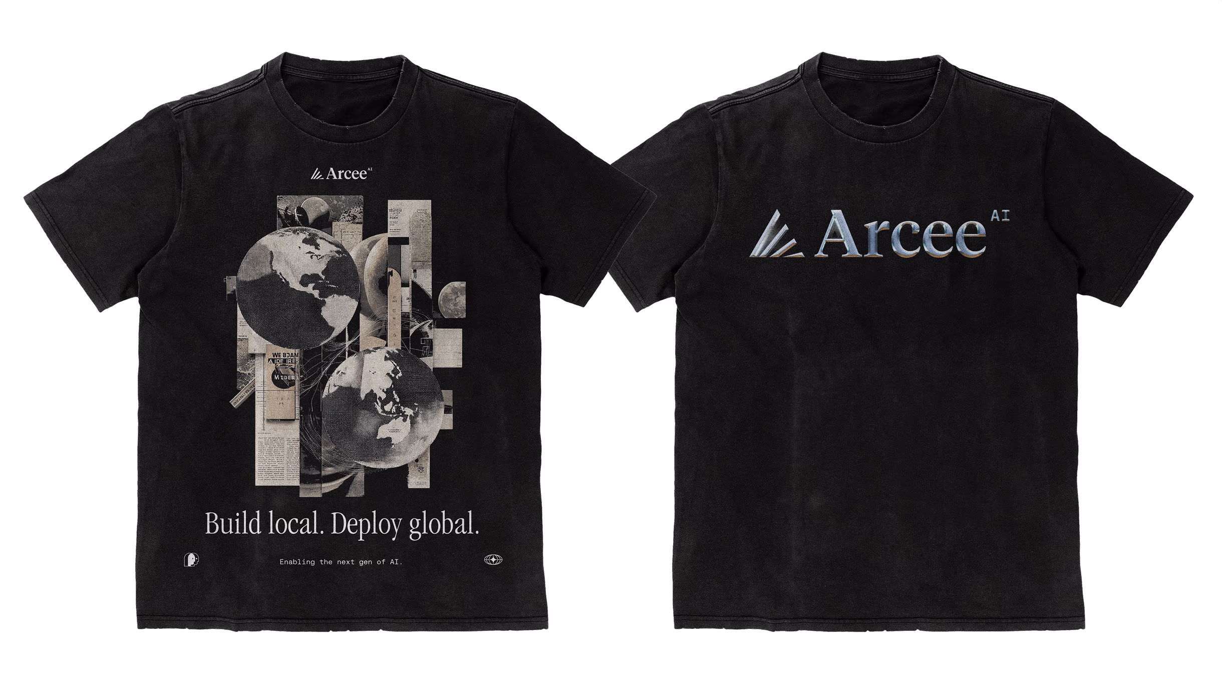 Front and back of a black Arcee T-shirt reading Build local. Deploy global.