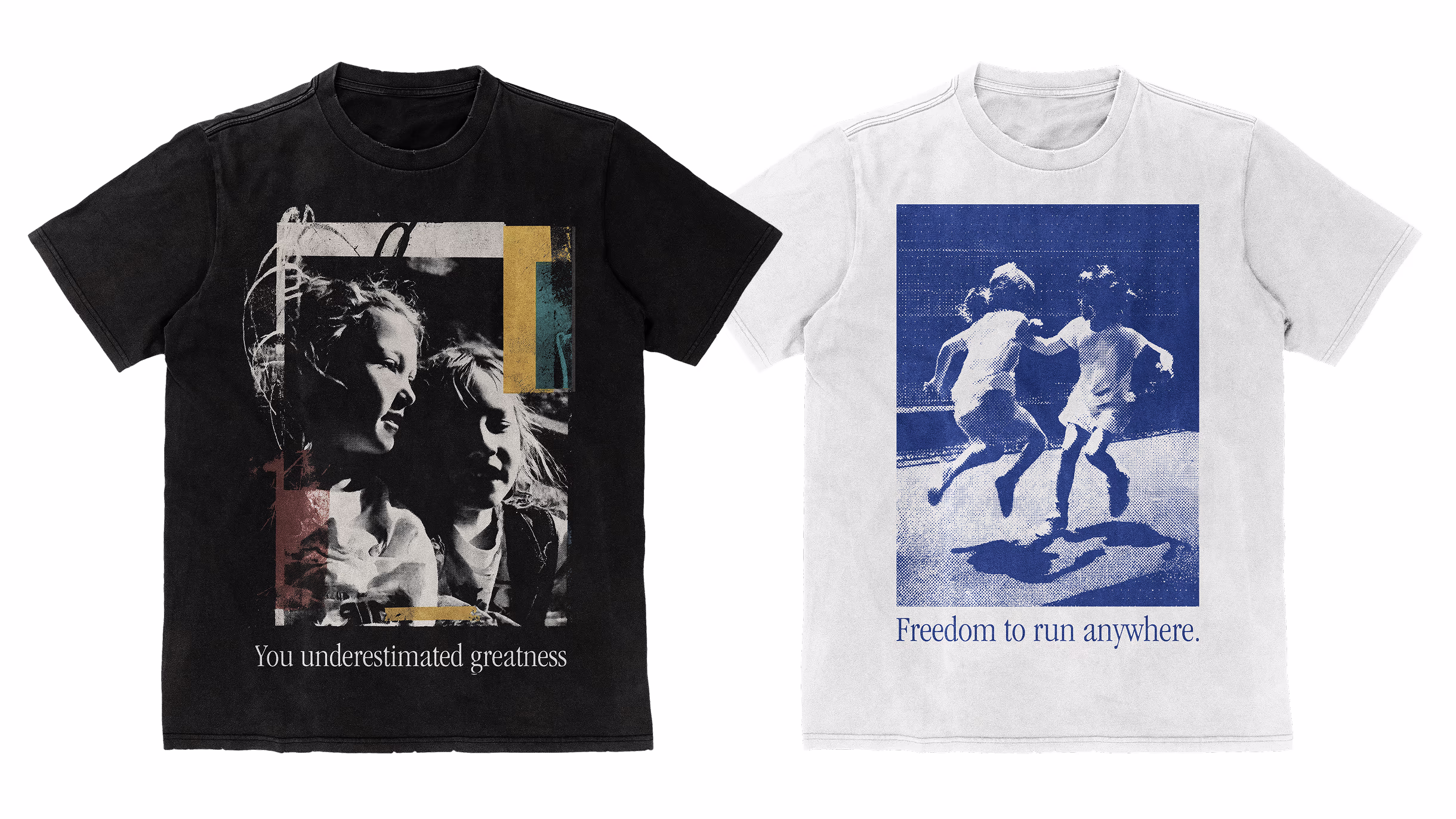Black and white Arcee T-shirts with collage artwork and manifesto quotes
