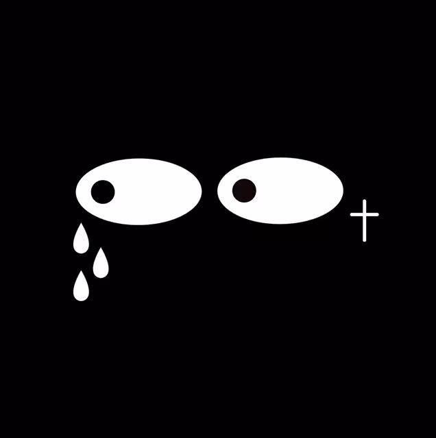 Two pairs of white oval eyes, one crying beside a small cross, on black