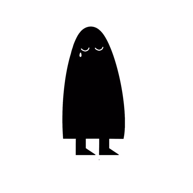 Minimal black cloaked figure with closed eyes and small legs on white