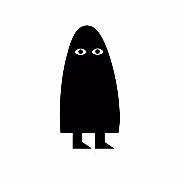Minimal black cloaked figure with two small white eyes on white