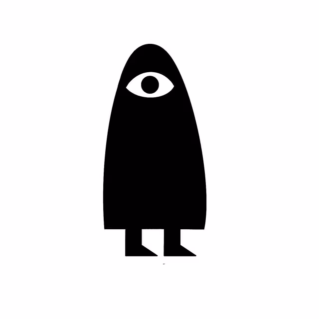 Minimal black cloaked figure with a single white eye on white