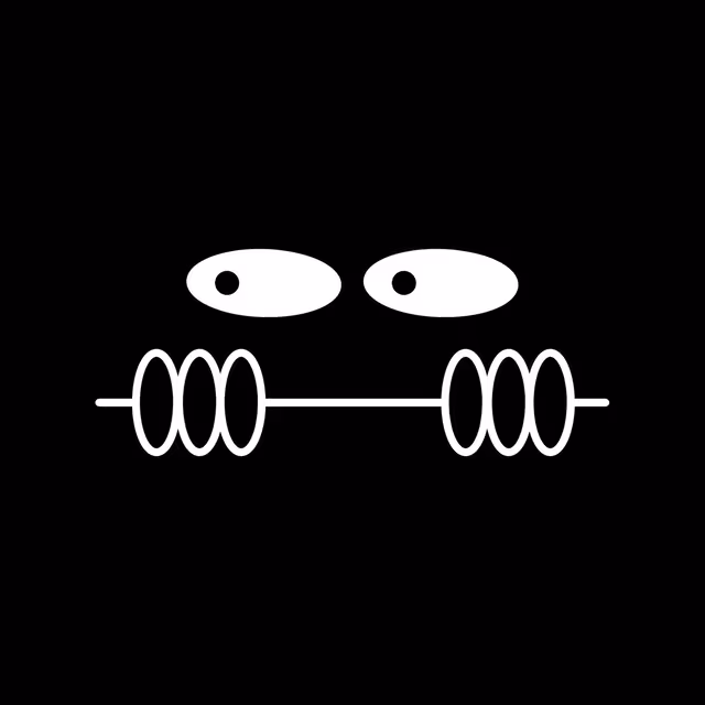 Wide white eyes and four hands gripping a horizontal line on black