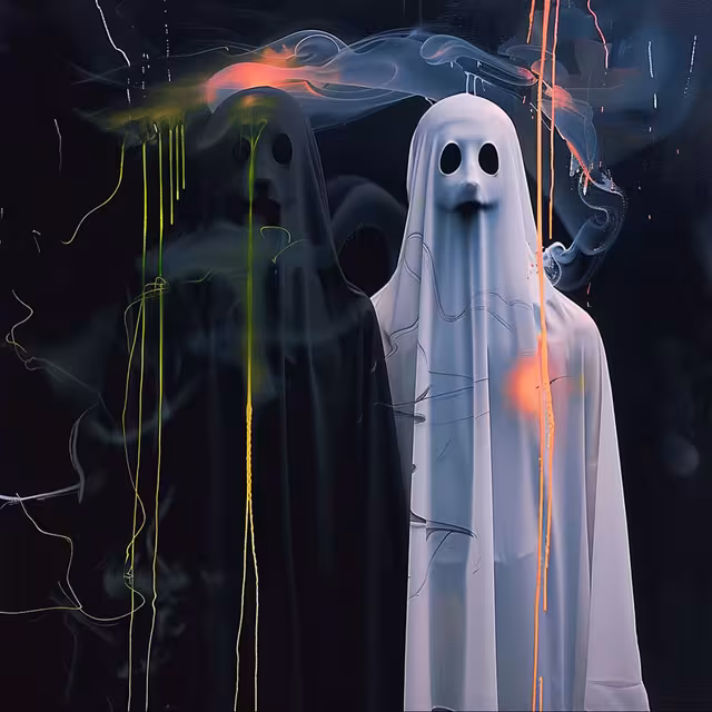 Two sheet ghosts lit by colorful neon trails in a dark scene