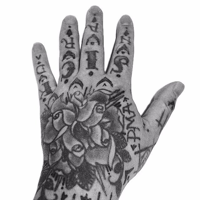 Black-and-white tattooed palm covered with hand-drawn symbols and flowers