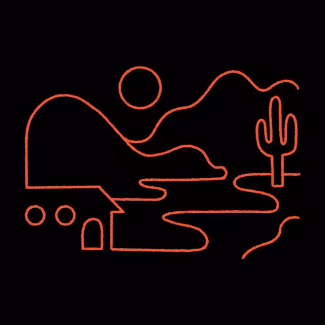 Red continuous-line desert landscape with sun, mountains, cactus, and water on black