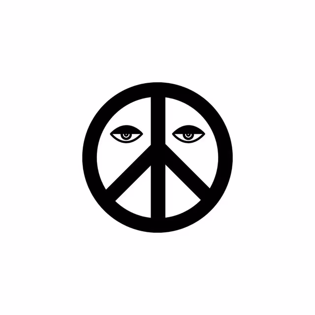Black peace symbol with a pair of eyes on white