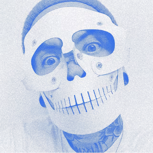 Blue halftone portrait of a person wearing a skull mask