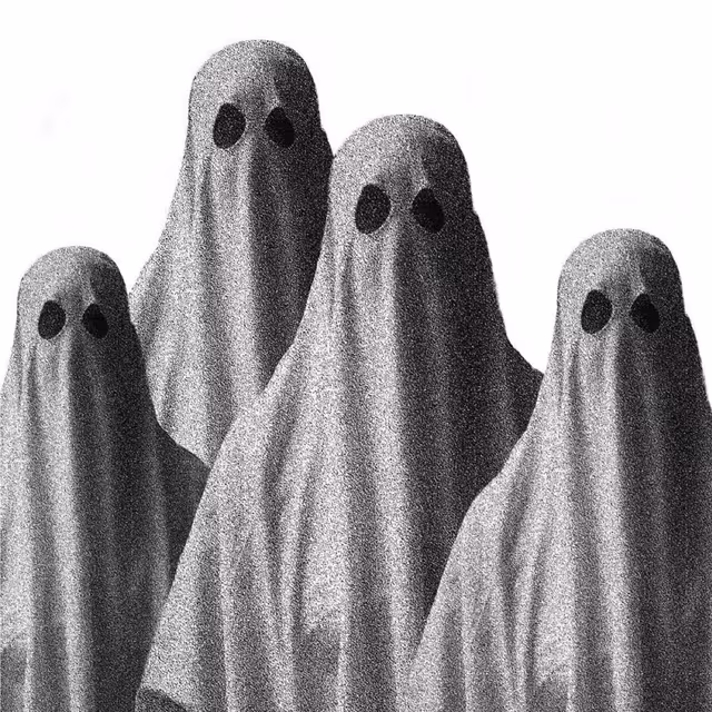 Four grainy black-and-white sheet ghosts grouped together