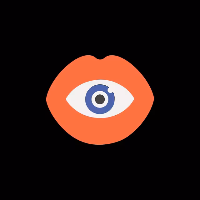 Orange lips containing a blue-and-white eye on black