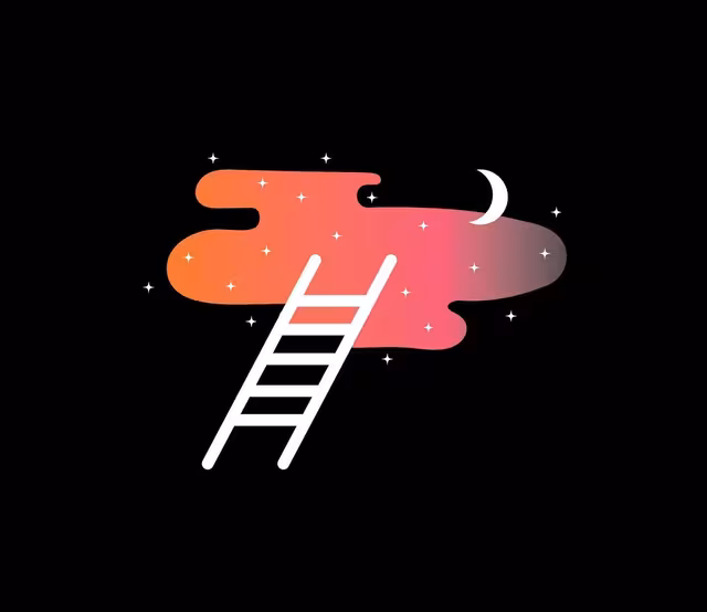 White ladder rising into a pink-orange night cloud with stars and a crescent moon
