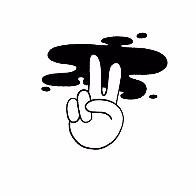 Outlined hand making a peace sign beneath a black ink cloud