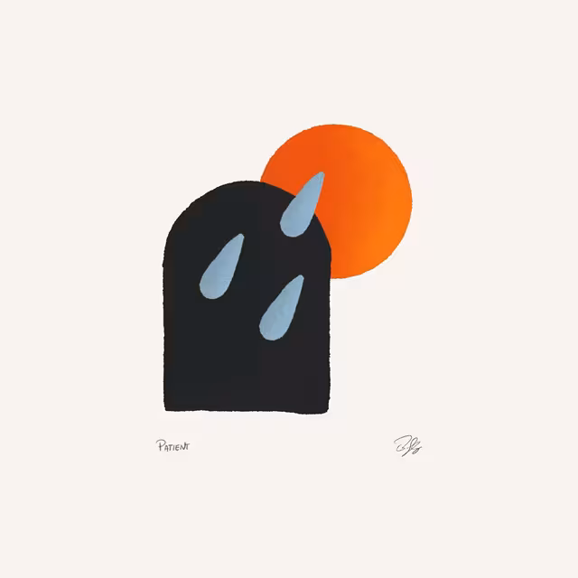 Abstract black figure with blue raindrops beneath an orange sun