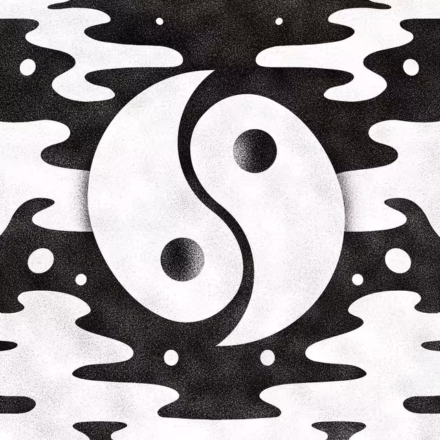 Black-and-white yin-yang symbol surrounded by wavy organic forms