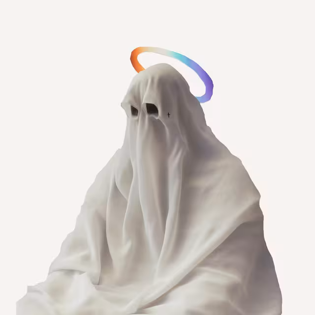 Seated white sheet ghost with a rainbow halo