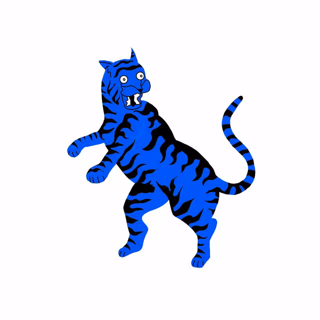 Blue illustrated tiger walking on white