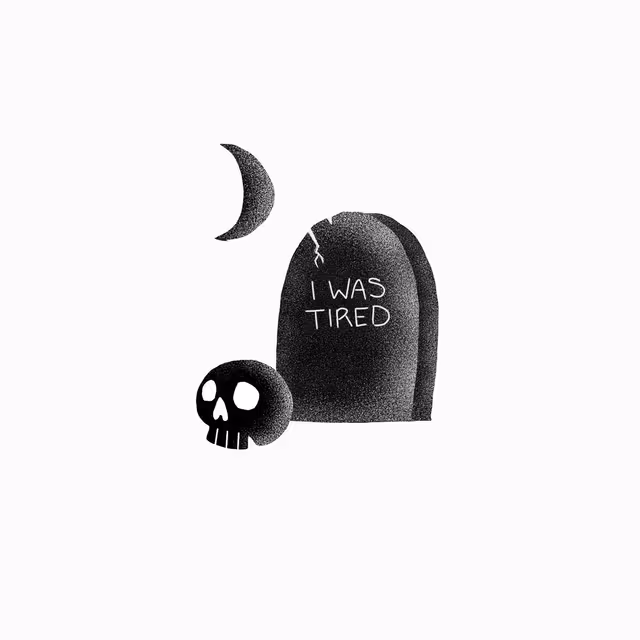 Small tombstone reading “I WAS TIRED” beside a skull and crescent moon