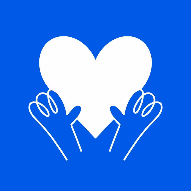 Two outlined hands lifting a white heart against blue