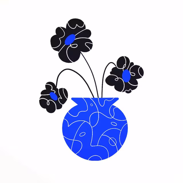 Black flowers with blue centers in a blue patterned vase