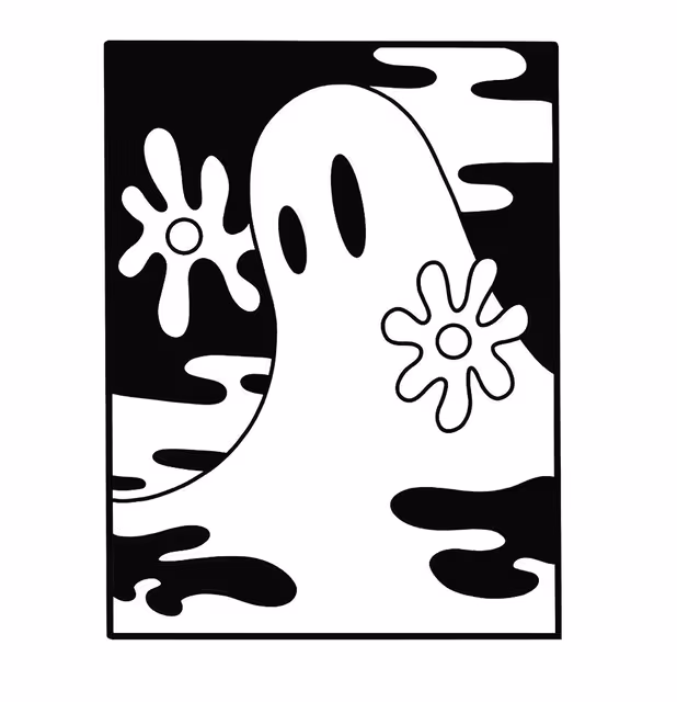 White ghost waving through a black-and-white liquid frame