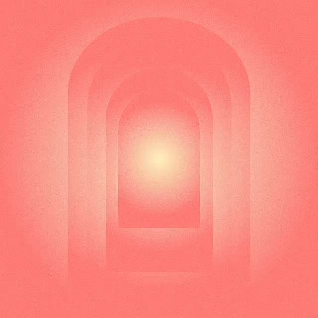 Glowing yellow light centered within layered pink arches
