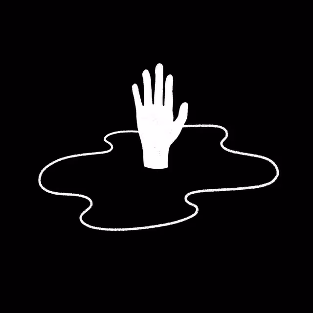 White hand rising from an outlined puddle on black