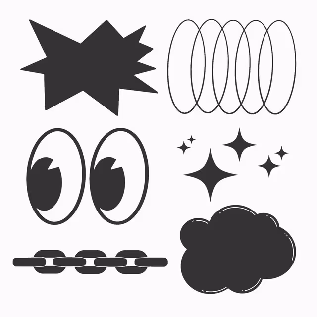 Black icon set of starbursts, loops, eyes, sparkles, chain links, and a cloud