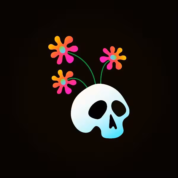 Colorful flowers growing from a white skull on black