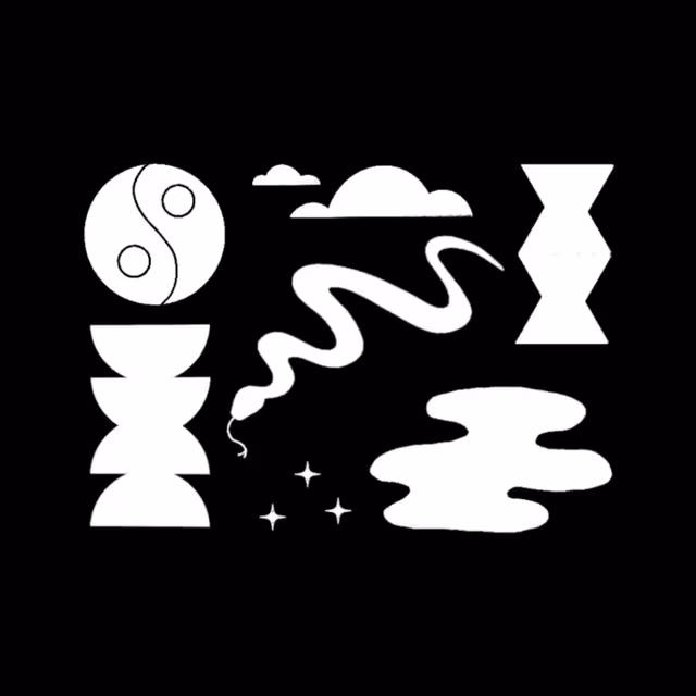 Abstract black-and-white composition of geometric shapes, clouds, water, and a yin-yang symbol