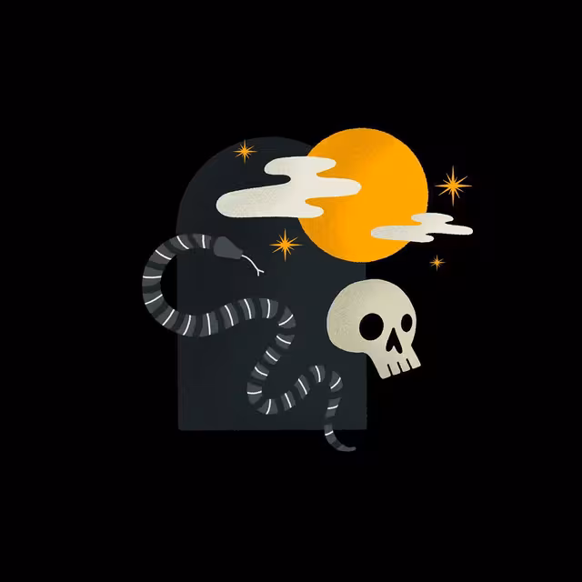 Coiled black snake, skull, sun, clouds, and stars on black