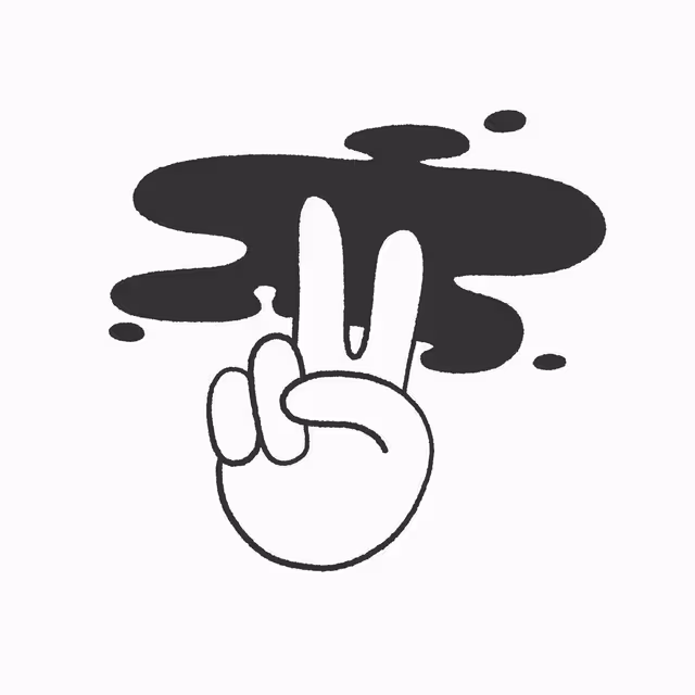 Outlined hand making a peace sign beneath a black ink cloud