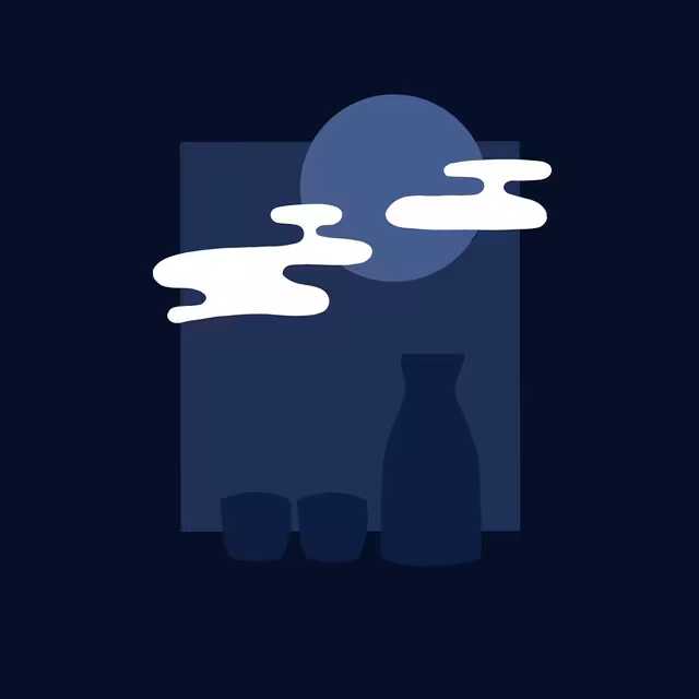 Dark blue still life with a vase, small vessels, moon, and white clouds