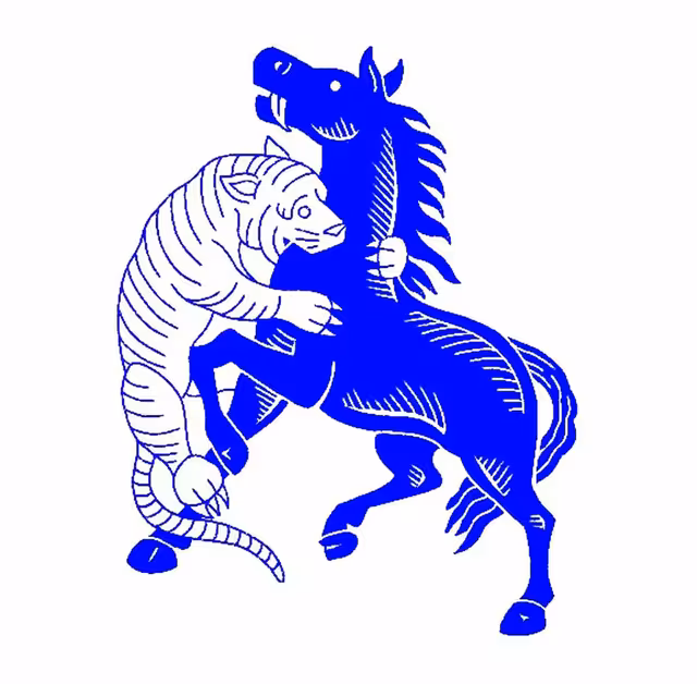 Blue horse carrying a white striped tiger on its back