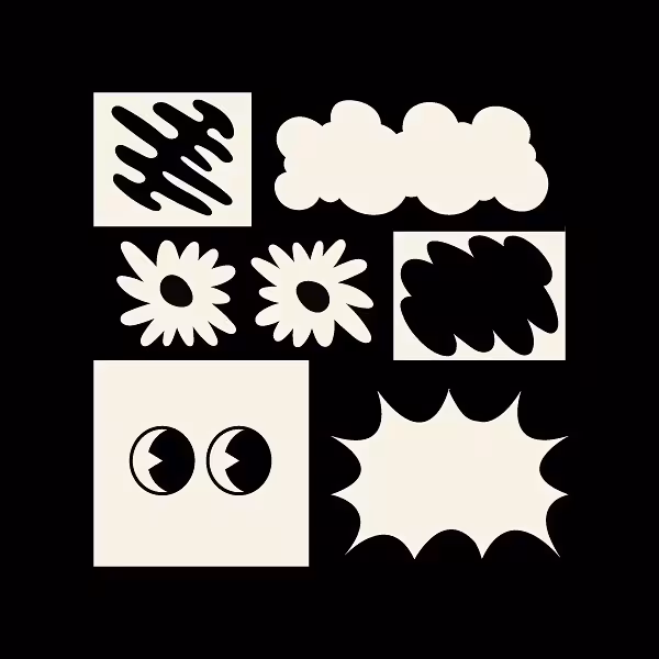 Cream-and-black grid of abstract swatches, flowers, eyes, and starburst shapes