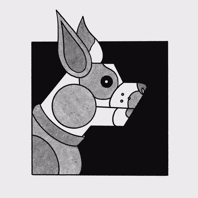 Overlapping black-and-gray geometric dog profiles on white