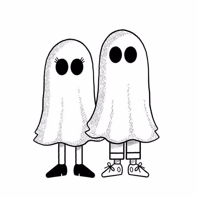 Two hand-drawn sheet ghosts standing together on white