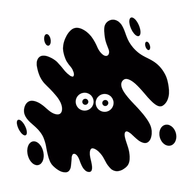 Black ink blot with two small white eyes