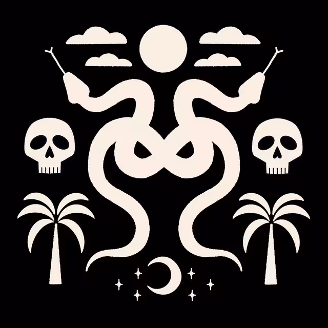 Symmetrical cream emblem of a figure, snakes, skulls, palm trees, sun, and moon on black