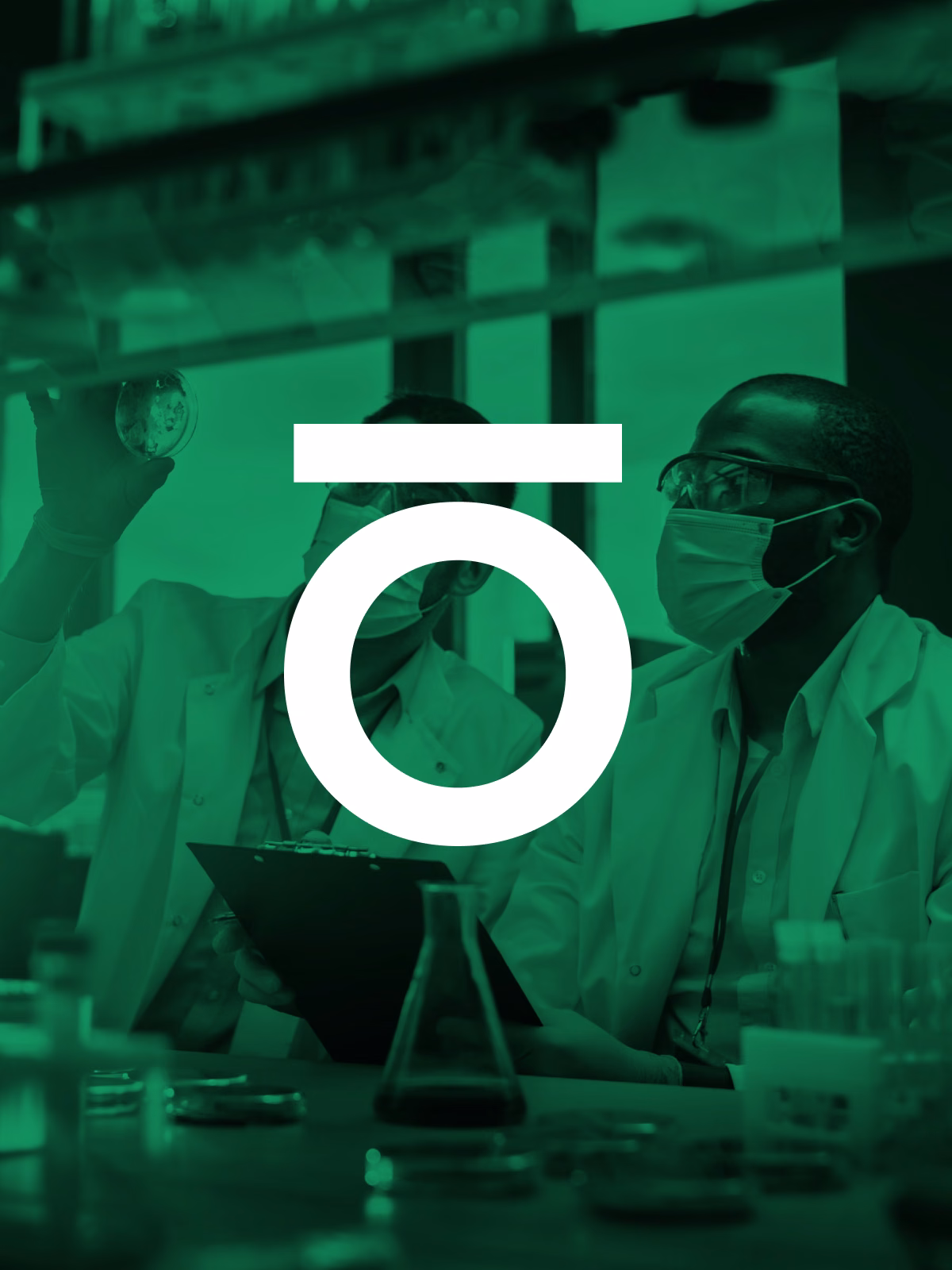 Oku logo over a green-tinted photo of researchers in a lab