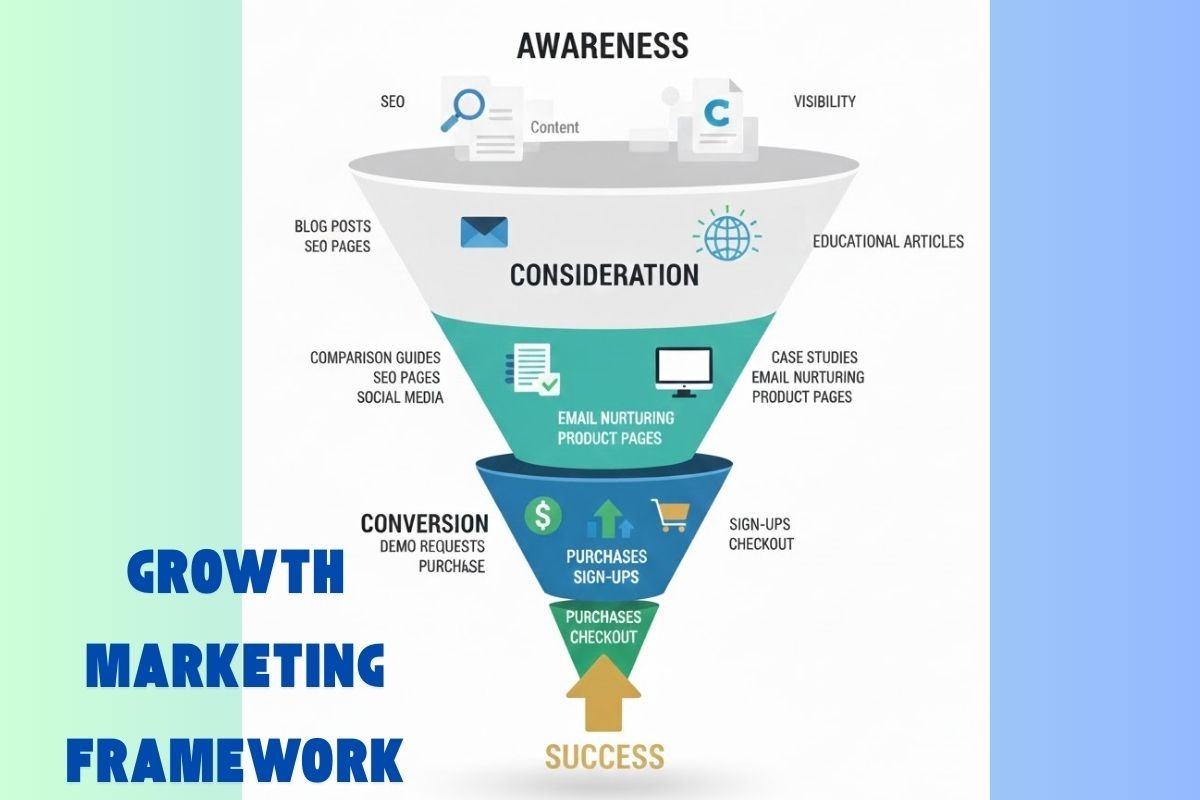 Visual funnel illustrating a growth marketing framework from awareness and consideration to conversion and measurable business success.