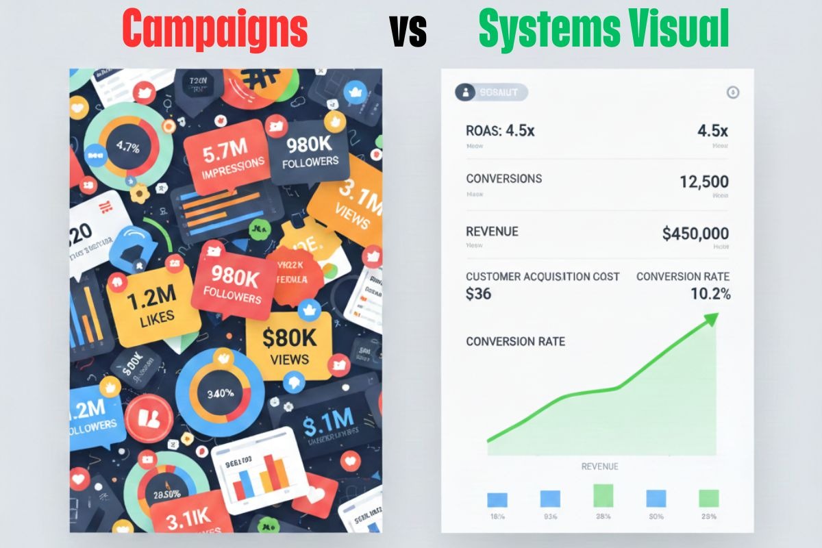 Split-screen comparison showing campaign vanity metrics versus a digital marketing growth strategy focused on revenue, ROAS, and conversions.