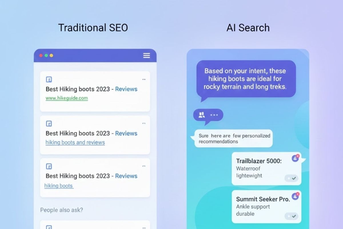 Split-screen illustration comparing traditional search results and AI-driven answers, showing the evolution of ai and seo
