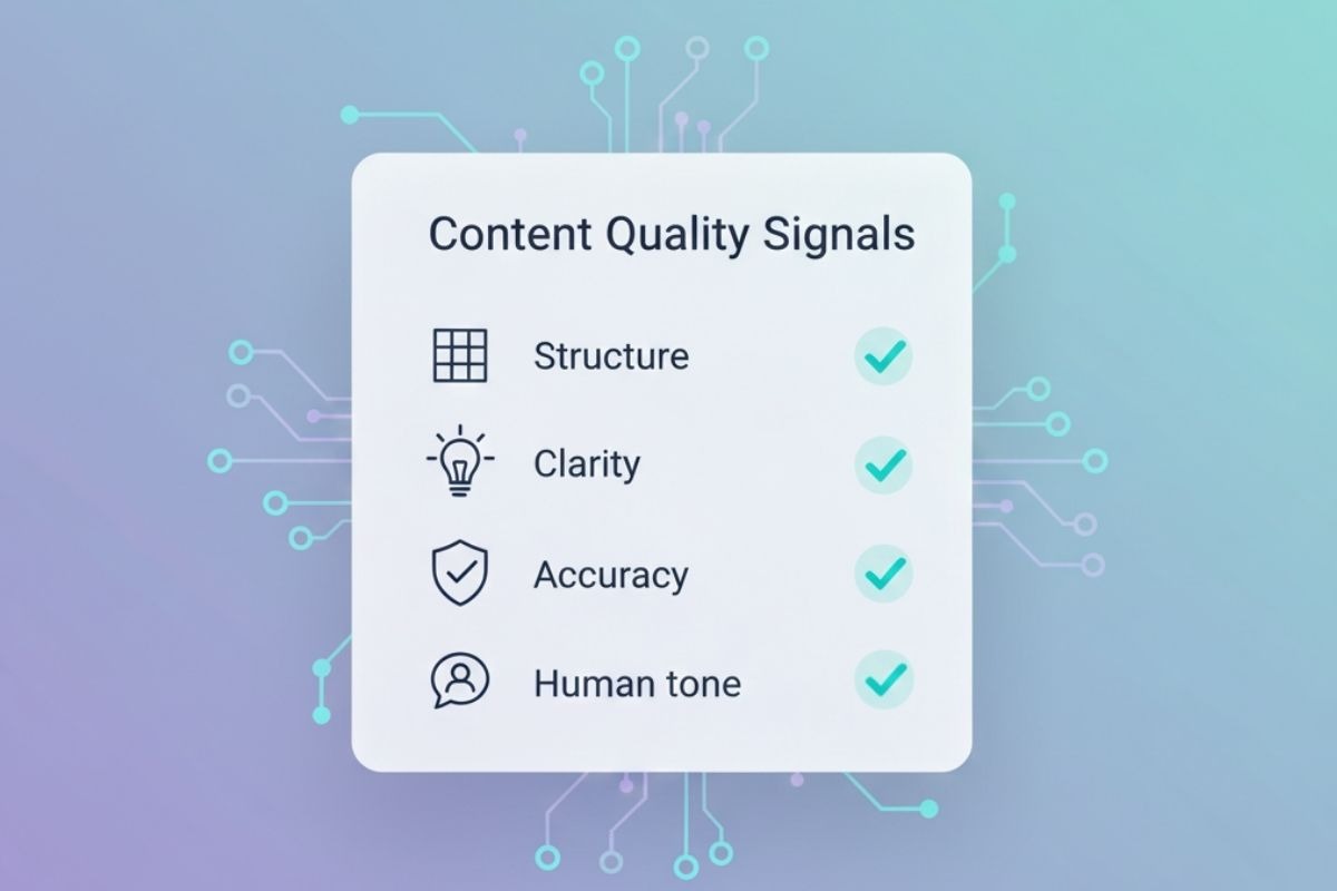 Content quality checklist showing structure, clarity, accuracy, and human tone for seo optimization for ai search
