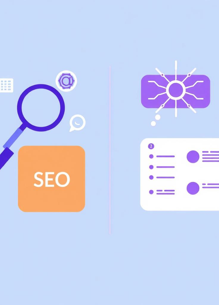 Split-screen cover with no text — left panel shows traditional SEO symbols (keyword tags, search result list, backlink icons) in a minimalist style; right panel shows AI-driven SEO concepts (AI assistant, semantic network, summarized answer card, citation 